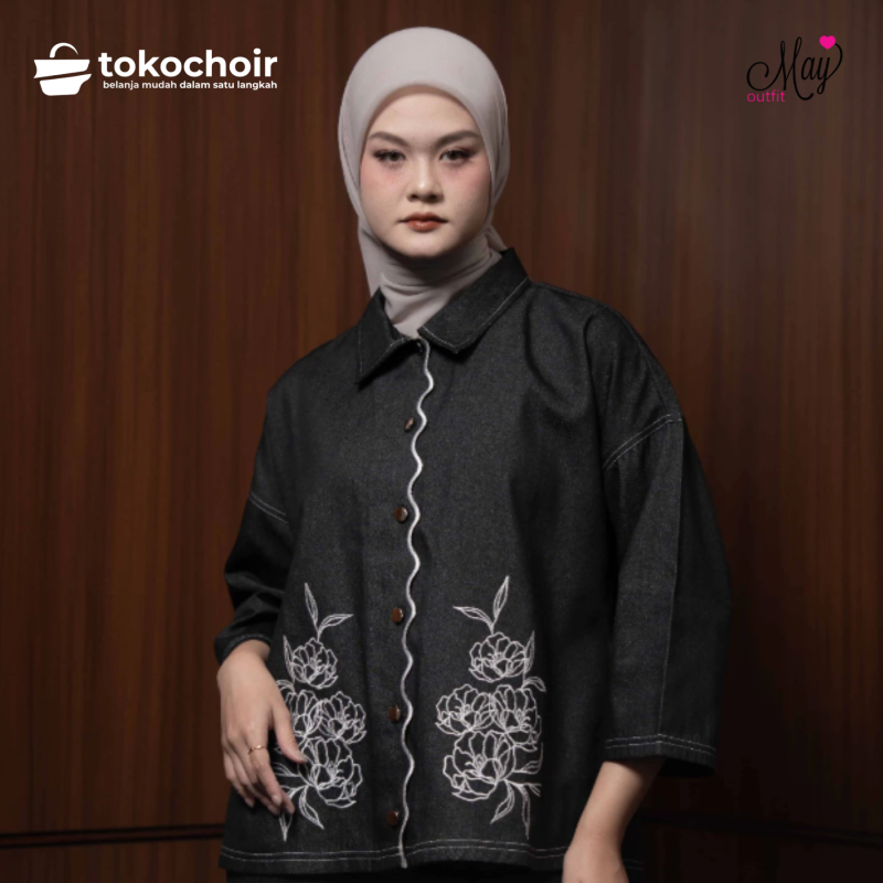 Mayoutfit Savanya Shirt | Atasan Denim Wanita Bordir Bunga embroidery