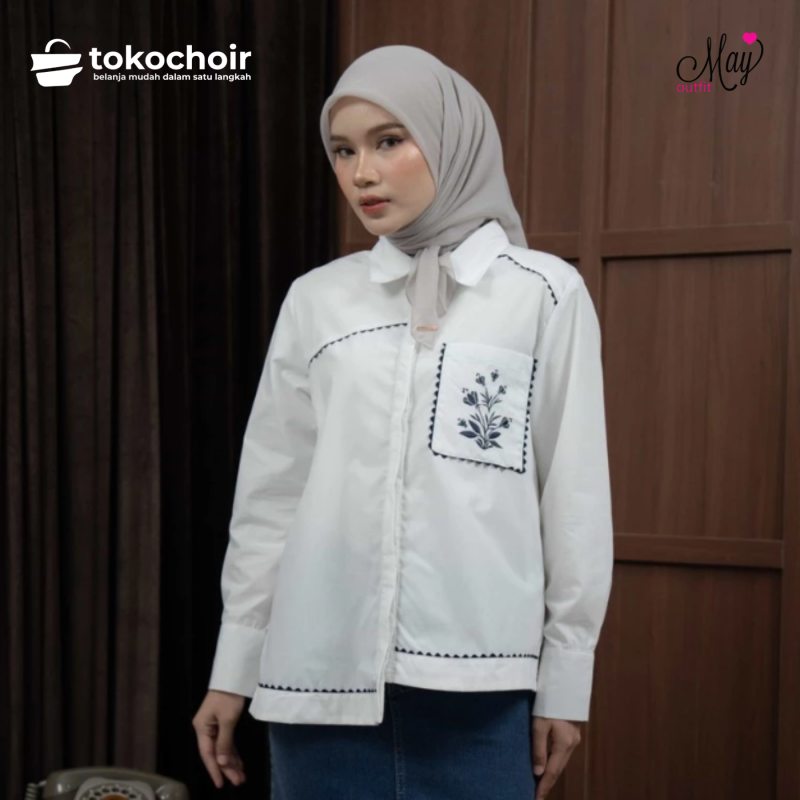 Mayoutfit Terainna Shirt | Kemeja Poplin Wanita Asimetris Motif Bordir Embroidery