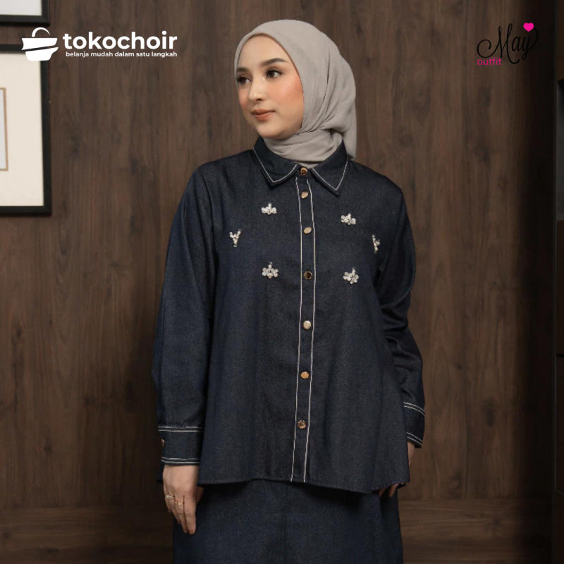 Mayoutfit x Dinan Fajrina Vanisha Shirt | Kemeja Denim Wanita Basic Aksen Payet Beads