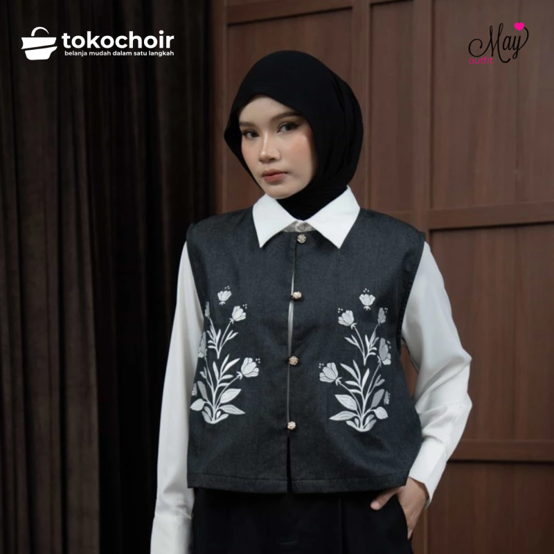 Mayoutfit Brunna Vest | Outer Rompi Denim Bordir Floral Embroidery