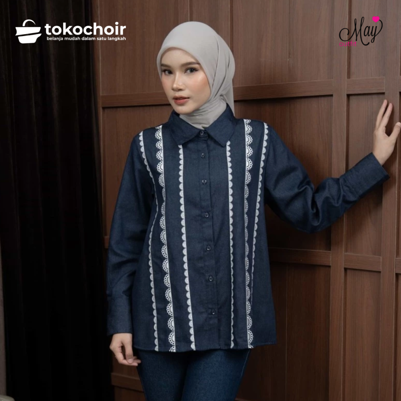 Mayoutfit Grain Shirt | Kemeja Denim Wanita Kombi Lace Bordir Renda Embroidery