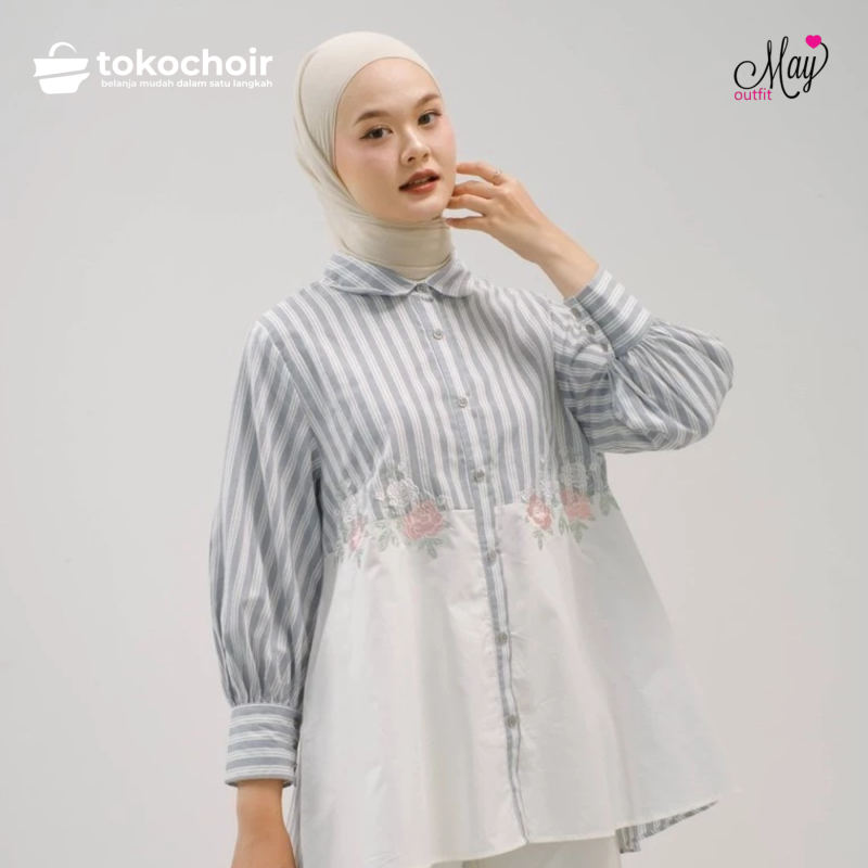 Mayoutfit Lunera Shirt | Kemeja Wanita Katun Kombinasi Stripe Bordir Bunga