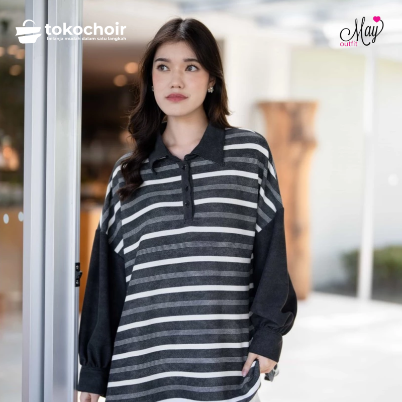 Mayoutfit Siela Blouse | Kemeja Stripe Denim Wanita Salur Bordir Kombi Polos