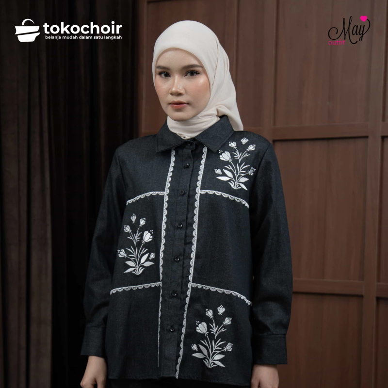 Mayoutfit Viveey Shirt | Kemeja Denim Wanita Renda Bordir Floral Embroidery