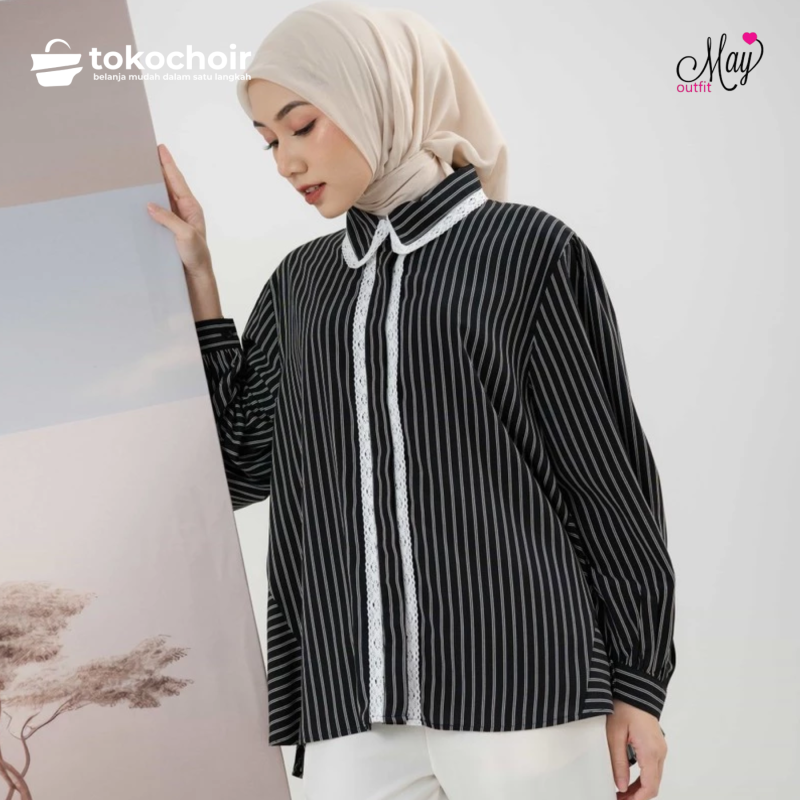 Mayoutfit Ammaya Shirt | Kemeja Stripe Kombi Wanita Renda Bordir Semi Formal