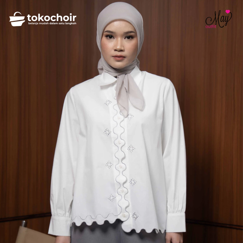 Mayoutfit Qlynn Shirt | Kemeja Basic Wanita Katun Poplin Aksen Bordir Embroidery Asimetris