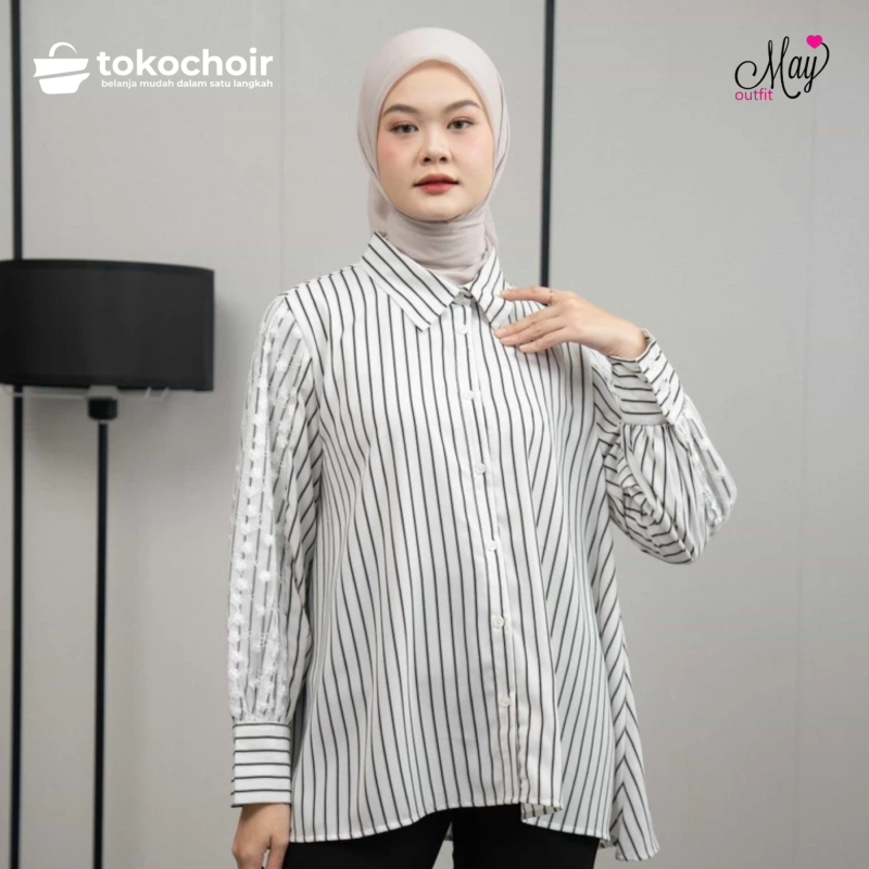 Mayoutfit Oriana Shirt | Kemeja Wanita Stripe Kombi Tile Motif Floral