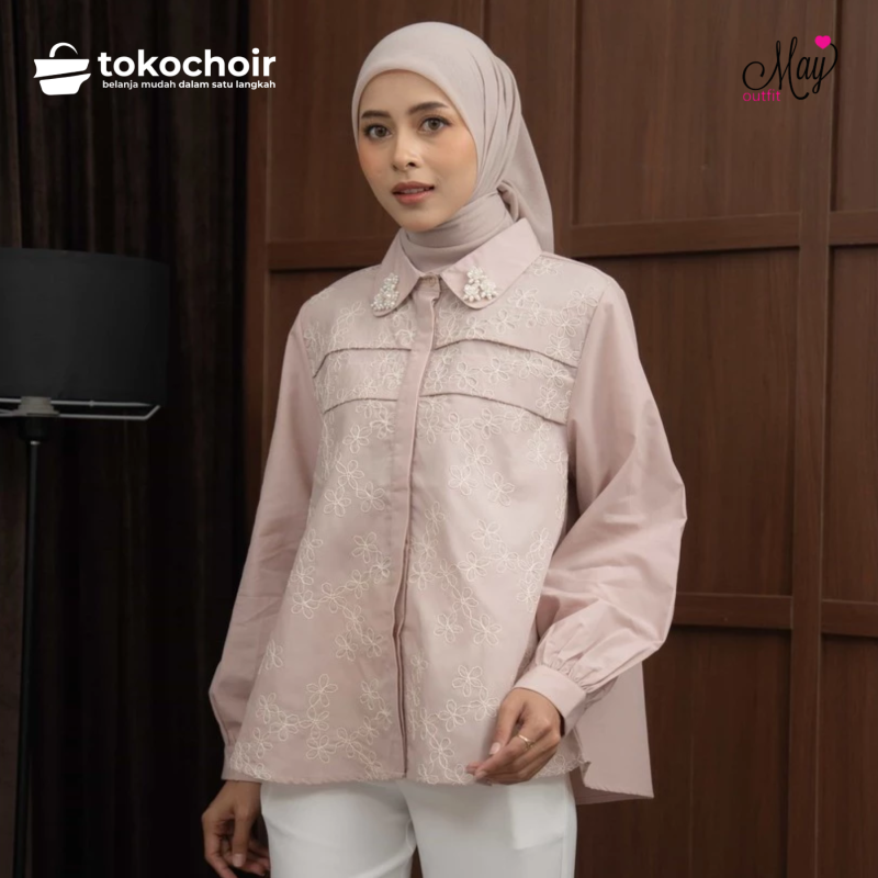 Mayoutfit Diesca Shirt | Kemeja Wanita Kombinasi Katun Poplin Motif Bordir Floral Embroidery Aksen Payet