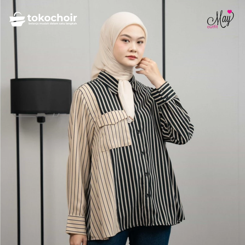 Mayoutfit Irenea Shirt | Kemeja Wanita Stripe Kombi Two Tone