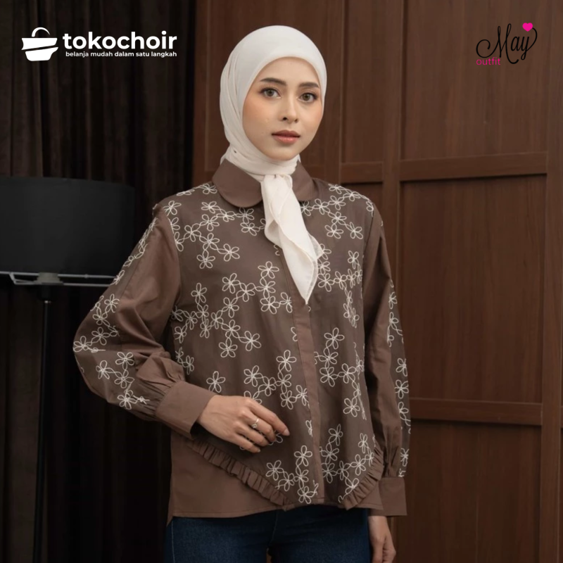 Mayoutfit Izaya Shirt | Kemeja Wanita Kombinasi Katun Poplin Motif Bordir Floral Embroidery