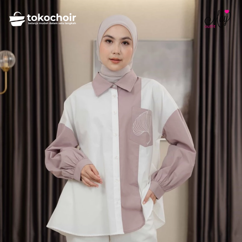 Mayoutfit Caelyn Shirt | Kemeja Wanita Basic Kombinasi Two Tone Aksen Saku Bordir Emboidery Pocket