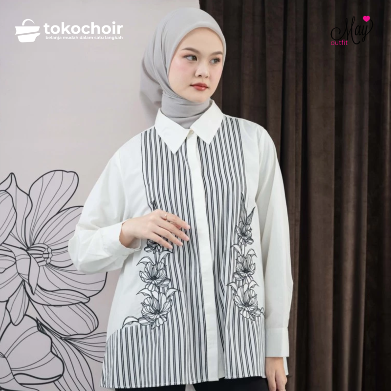 Mayoutfit Jeanna Shirt | Kemeja Basic Stripe Wanita Kombi Poplin Katun Motif Print Floral
