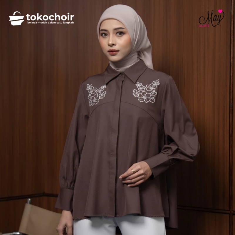 Mayoutfit Saelana Shirt | Kemeja Basic Wanita Aksen Bordir Floral Embroidery