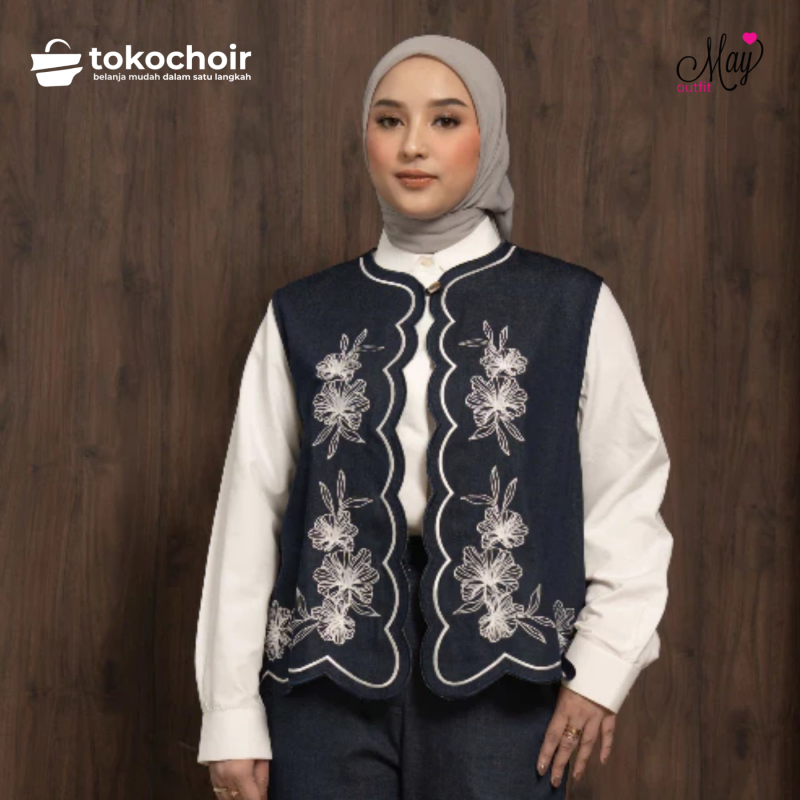 Mayoutfti x Dinan Fajrina Scella Vest | Outer Rompi Denim Wanita Aksen Bordir Embroidery