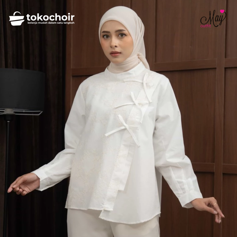 Mayoutfit Delya Blouse | Kemeja Wanita Kombinasi Katun Poplin Motif Bordir Floral Embroidery Kerah Shangha
