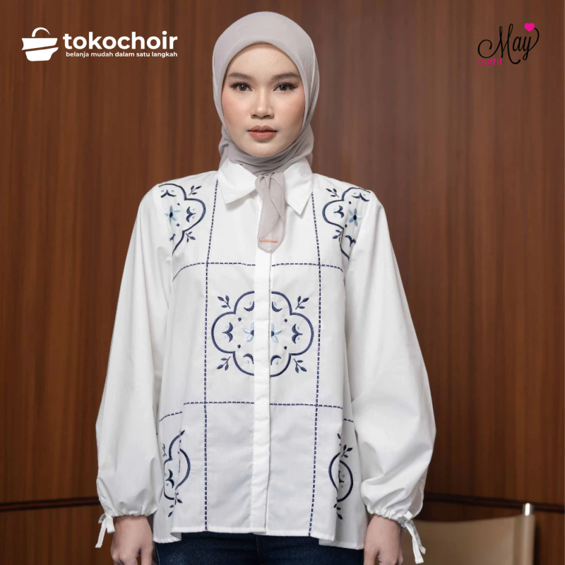 Mayoutfit Serilda Shirt | Atasan Kemeja Poplin Embroidery Lengan Tali Serut
