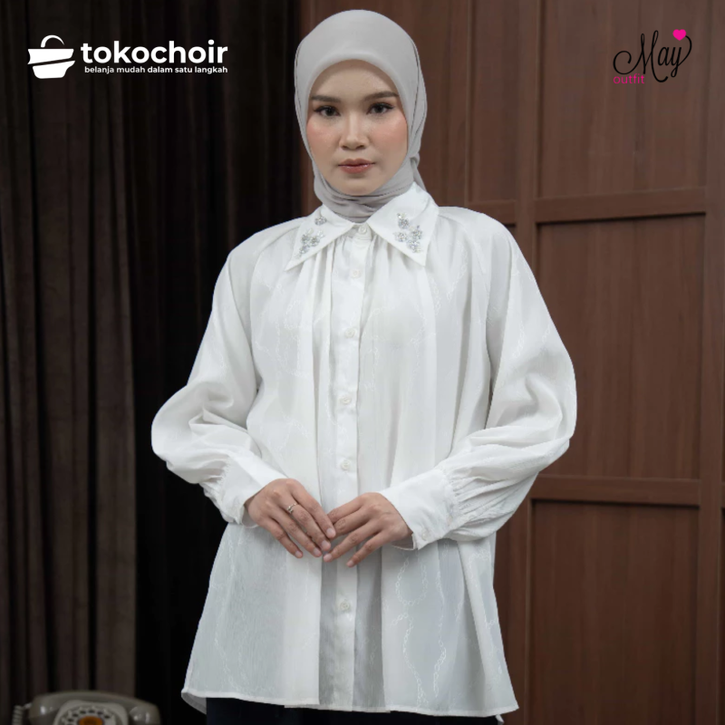 Mayoutfit Leena Shirt | Kemeja Wanita Kerah Aksen Payet Motif Emboss