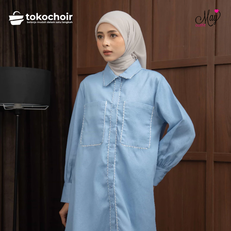 Mayoutfit Eyleen Tunic | Tunik Kemeja Denim Wanita Kasual Semi Formal Aksen Tepi Biku