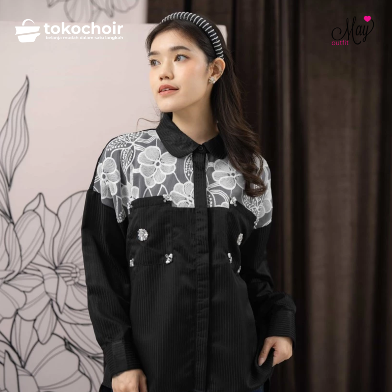 Mayoutfit Shankara Shirt | Kemeja Wanita Kombi Organza Emboridery Bordir Lace Bunga Aksen Payet